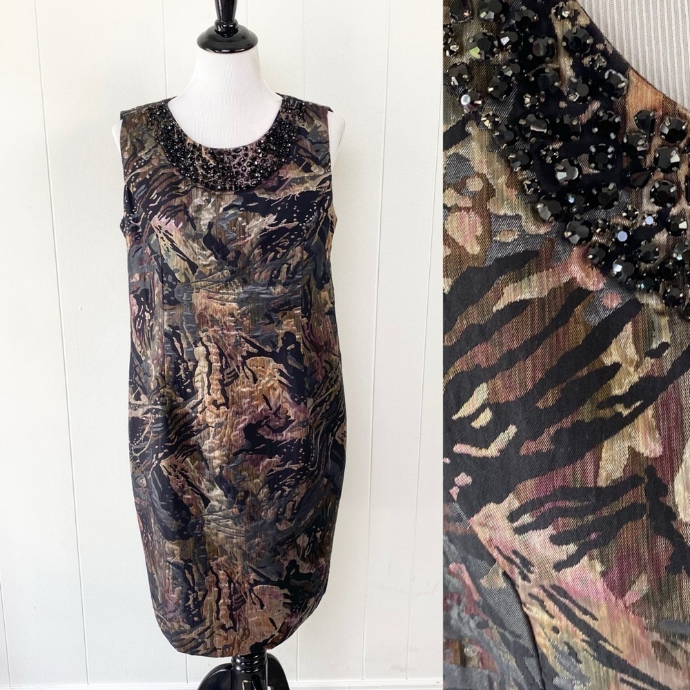 Teri Jon Jacquard Sleeveless Pencil Dress Embellished Jewel Neckline Metallic 16